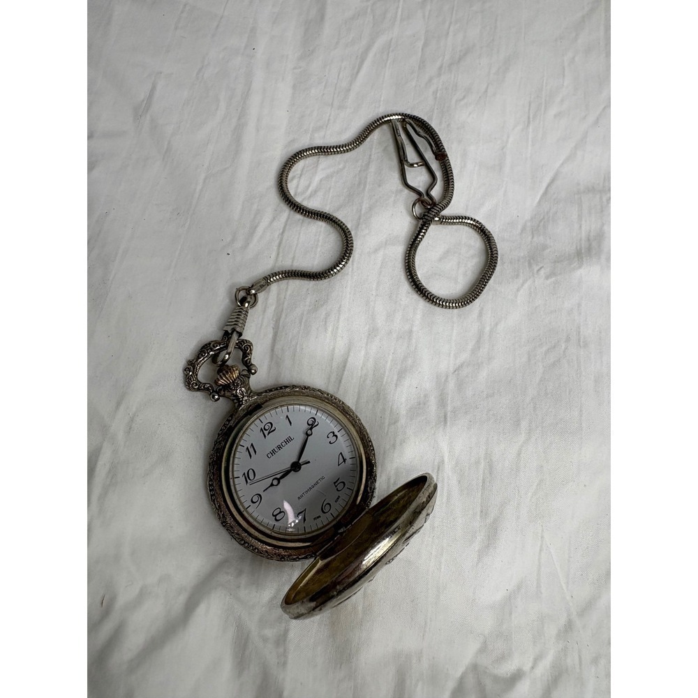 Churchill Silver Tone Pocket Watch with Chain Hunting Scene